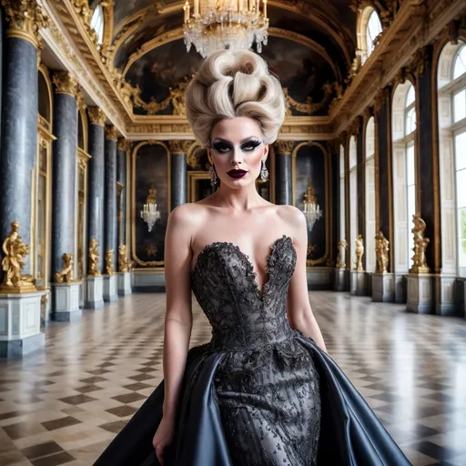 Prompt: Design a modern glamorous wedding dress worn by a real life gorgeous German drag queen model dress to be daring and glamorous and elegant, dark eye makeup, dark lipstick.  Posing in the Palace of Versailles.