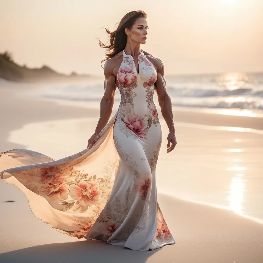 Prompt: Gorgeous ultra-muscular goddess bodybuilder, 30yo,   ((long flower print Empire Dress with a high neck line)) walking elegantly by the sea at dawn,  standing on white beach sand, side view