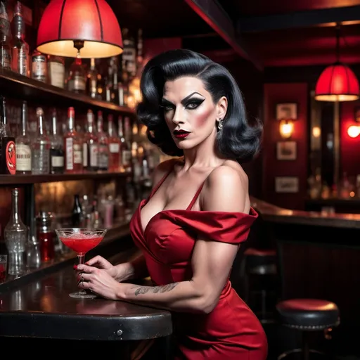 Prompt: Gorgeous muscular 35-year-old femme fatale drag queen (strong masculine jawline and brow) in a dimly lit gritty bar, (1950s noir aesthetics), leaning against the bar, wearing a sleek red cocktail dress, dark eyeshadow, dark lipstick, (holding a lit cigarette), wisps of smoke drifting, dramatic shadows, atmospheric ambiance, (high detail) & (cinematic quality), 8K resolution, hooded incandescent lamp spotlighting her hauntingly beautiful appearance, evokes tension and allure, capturing the essence of classic noir photography.