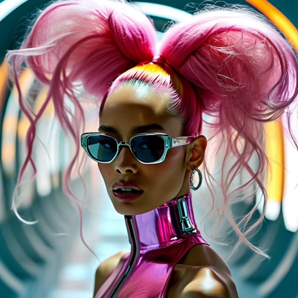 Prompt: Gorgeous ultra-muscular 25-year-old Swedish drag queen bodybuilder with long flowing fuscia updo stylish hair wearing Mugler in a futuristic Tokyo imagined by Wes Anderson