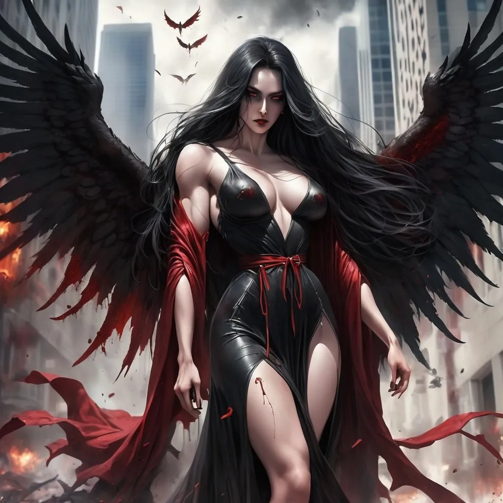 Prompt: Gorgeous, muscular, female, angel of death wearing dark and bloody robes. Ridiculously large wings. Ridiculously long flowing black hair. Flying over the streets of Los Angeles during Armageddon. 