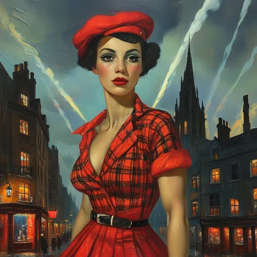 Prompt: (surrealism style mid waist portrait ), vibrant color scheme, (1941 London), shadowy streets at night, mid waist portrait of beautiful muscular 35-year-old Mid-Western drag queen in short red plaid dress, black fishnets, and red beret (masculine jawline 
and brow facial features) outside a quaint pub, search lights streaking through a tumultuous sky, vivid explosions lighting the dark atmosphere, bombed and ruined structures surrounding the scene, (dramatic), chaotic ambiance, high contrast between shadow and colorful explosions, (ultra-detailed), evocative imagery, sense of urgency and dread.