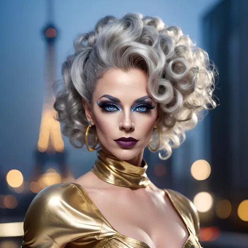 Prompt: (realistic image of futuristic French drag queen age-45), (muscular, pretty, curvy, muscular), light skin, (curly silver updo hair), blue eyes, (dressed in a gold dress), dark eye makeup, dark lipstick, posed flirty, futuristic city background, misty morning, (rich textures), (soft lighting), (ultra-detailed), 4k quality, opulent decor.