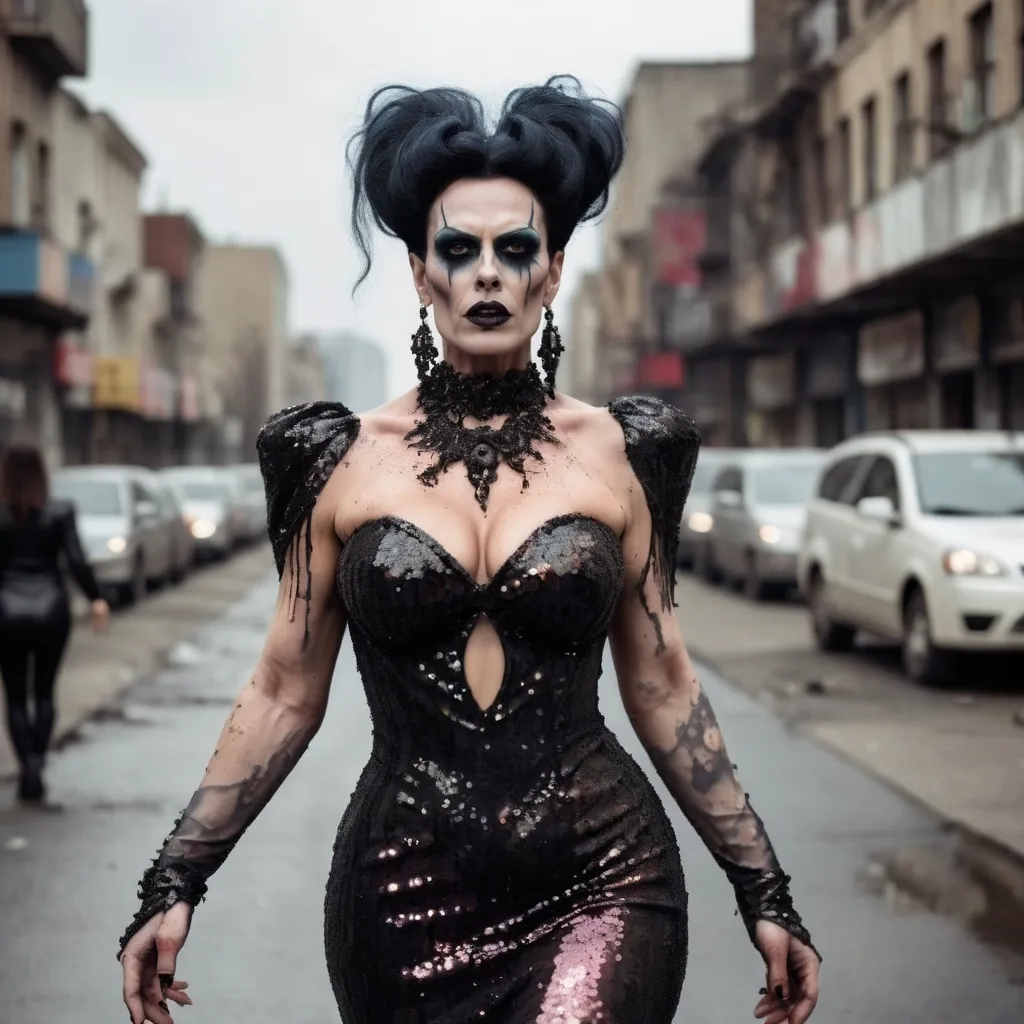 Prompt: Gorgeous muscular 35-year-old Romanian drag queen Zombie with large busom wearing a beautiful designer sequined gown.. walking through an apocalyptic city.