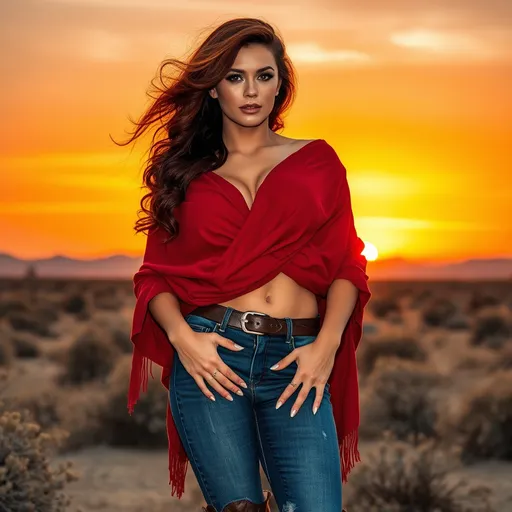 Prompt: Gorgeous ultra-muscular 25-year-old Wild West drag queen bodybuilder, (soft features), (wavy shoulder-length auburn hair), wearing a (dark red wrap-around poncho), (8 inch stiletto high heel boots) and (blue jeans), set against a sunset-drenched desert landscape with sagebrush and distant mountains, a warm golden hue in the sky, (dramatic silhouettes), (vibrant colors), (4K), capturing a serene yet adventurous spirit that embodies the essence of the Wild West.