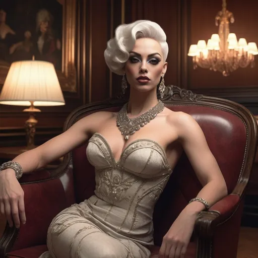 Prompt: A stunning, cinematic gigapixel photo masterfully blending photography and digital art, enhanced by the power of Unreal Engine 5 and NVIDIA Ray Tracing technology. The scene transports us to a luxurious drawing room in the 1920s, where a gorgeous, muscular 25-year-old British drag queen (strong masculine facial features) bodybuilder in an exquisite, flowing dress stands amidst opulent furnishings and intricate details. She holds a delicate fan, her thoughtful and melancholic expression hinting at the complex social games and intrigues of the era. The composition captures the glamour and elegance of the time, with a focus on the detailed interiors and her subtle facial expressions, reflecting the layered emotions and societal expectations of women during that time., cinematic, photo, fashion