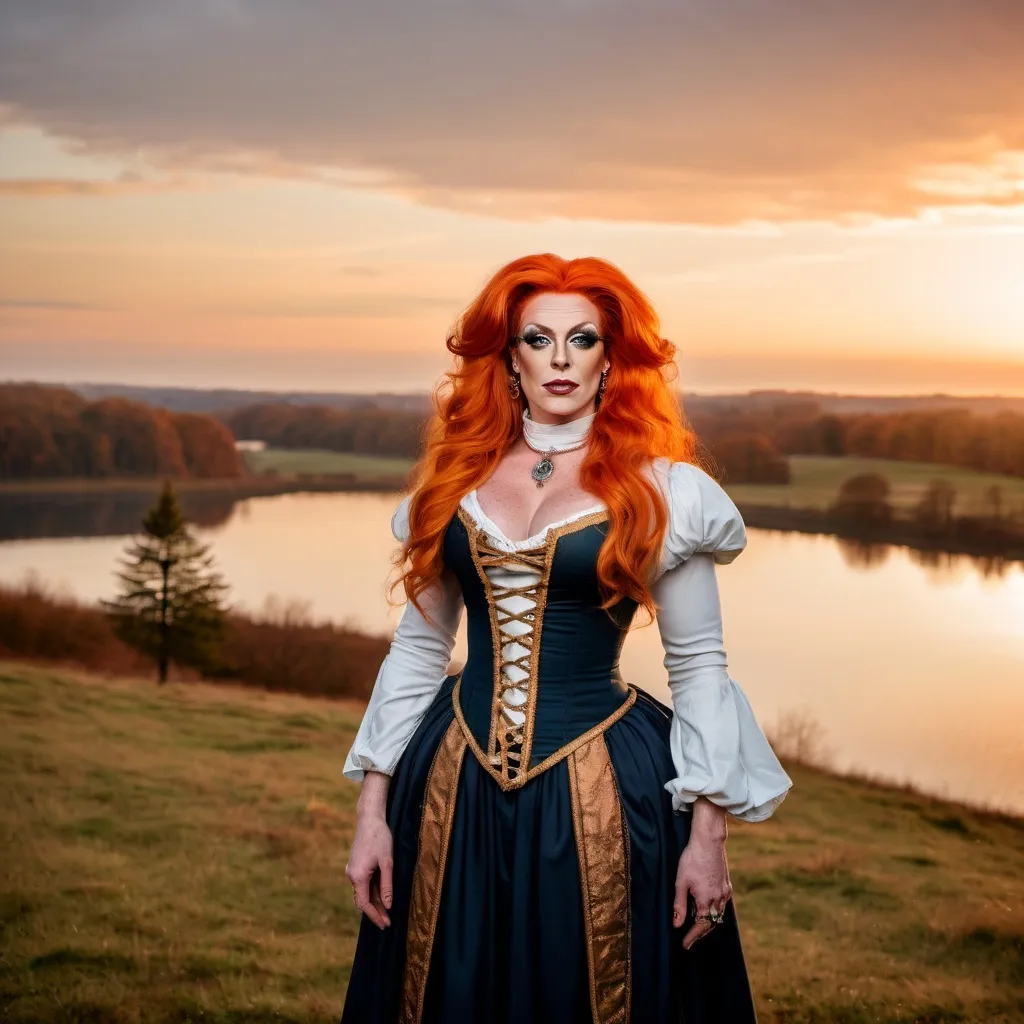 Prompt: Gorgeous muscular 35-year-old Irish drag queen Pilgrim with orange hair, immaculate fashion makeup,  posing in 17th century America at sunrise.