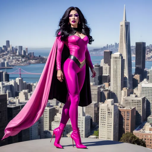 Prompt: Gorgeous muscular 25-year-old Superhero called SuperDrag Queen wearing pink tights, magenta cape and pink stiletto high heel boots, she has long very wavy black hair, dark eyeshadow and dark lipstick. She's hovering over San Fransisco, strong pose. 