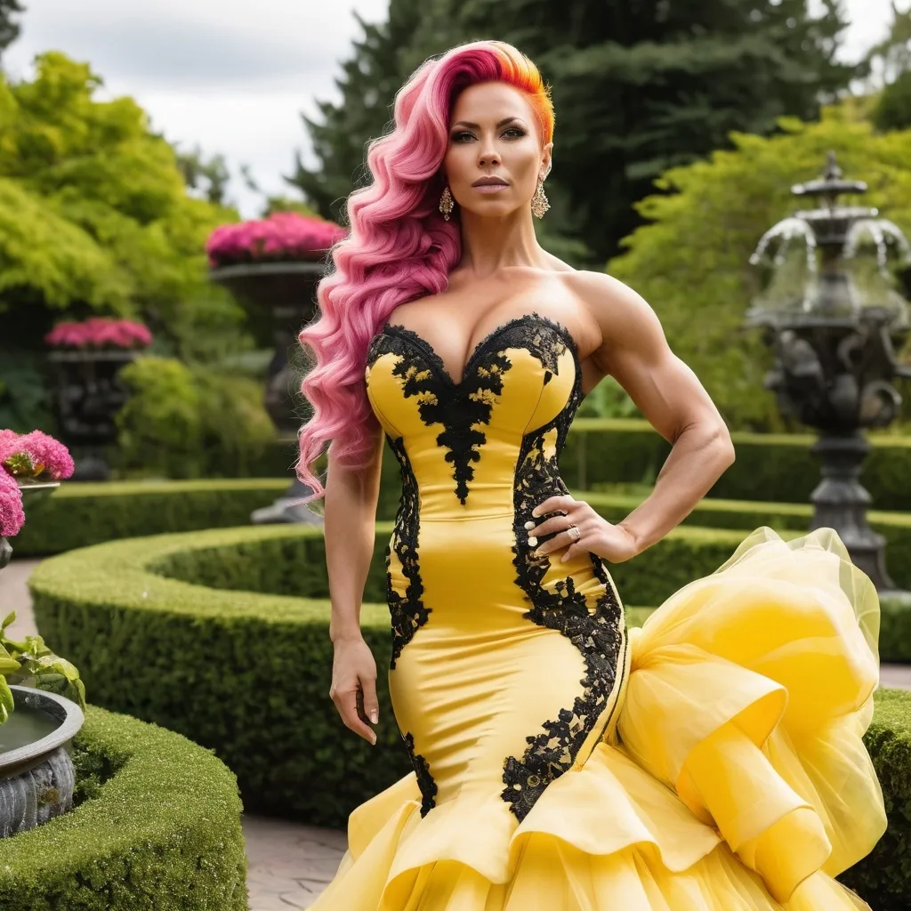 Prompt: Gorgeous ultra-muscular 25-year-old Swedish female goddess bodybuilder with huge busom and pink hair in a yellow mermaid wedding dress that has black lace appliques on the widest parts of the dress, but not on the top. Posing in a beautiful botanical garden.