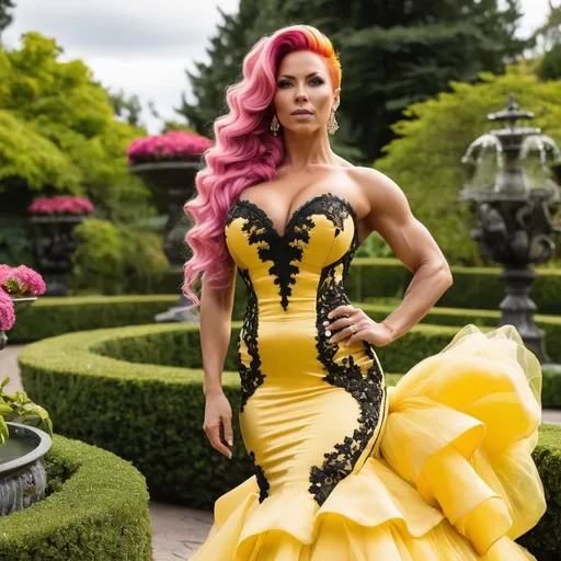 Prompt: Gorgeous ultra-muscular 25-year-old Swedish female goddess bodybuilder with huge busom and pink hair in a yellow mermaid wedding dress that has black lace appliques on the widest parts of the dress, but not on the top. Posing in a beautiful botanical garden.