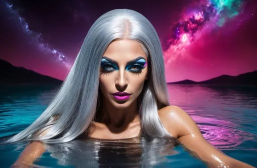 Prompt: A gorgeous ultra-muscular 25-year-old Turkish drag queen goddess with very long straight silver hair swimming in a lake of liquid Mercury in outer space. Vivid colors. Hd imaging.