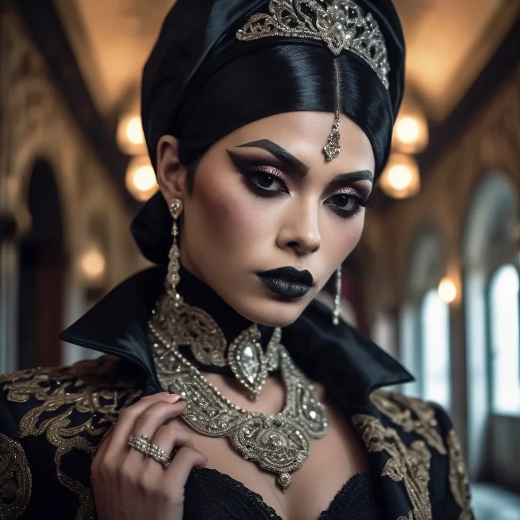 Prompt: hyper-detailed dull photo of a gorgeous muscular masculine 25-year-old Betawi drag queen (with strong jawline and chin), with dark eye makeup, dark lipstick, venetian lace jilbab, cropped jacket, foggy old hallway, art pose, medium format, epic character composition, sharp focus, intricate filigree details, cinematic lighting, volumetric fog, award-winning, masterpiece, 64K, professionally color graded