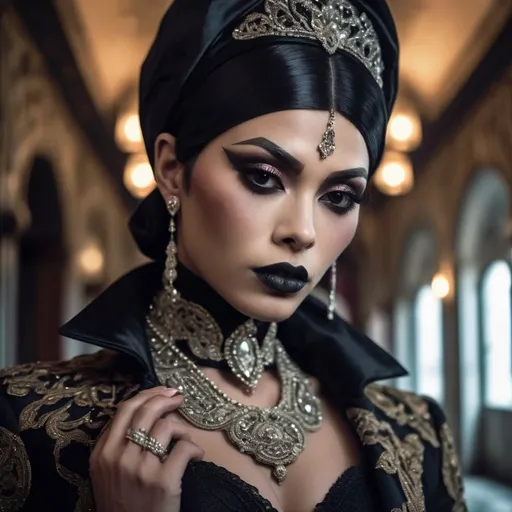 Prompt: hyper-detailed dull photo of a gorgeous muscular masculine 25-year-old Betawi drag queen (with strong jawline and chin), with dark eye makeup, dark lipstick, venetian lace jilbab, cropped jacket, foggy old hallway, art pose, medium format, epic character composition, sharp focus, intricate filigree details, cinematic lighting, volumetric fog, award-winning, masterpiece, 64K, professionally color graded