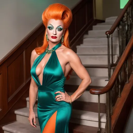 Prompt: Rodney Dangerfield dressed up as a Beautiful olive-skin bodybuilder drag queen, long orange updo styled hair, vibrant green eyes, dark eyeshadow and dark red lipstick, long flowing teal & orange dress with peekaboo cutout and thigh slit, 8 inch white stiletto high heels, standing on a grand staircase, high-res, pro lighting, pro photo, sharp focus, luxury setting, haute couture fashion, subtle smile, sophisticated, elegant