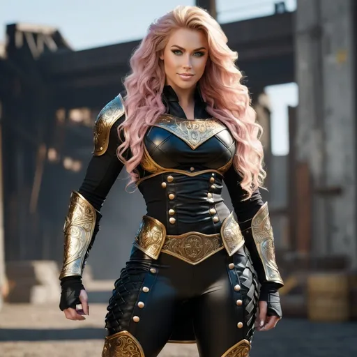 Prompt: Digital Art, gorgeous ultra-muscular 25-year-old viking goddess bodybuilder with huge busom and ridiculously long wavy pink hair, golden gear, black clothes, subtle smile, blue eyes, a black long-sleeve shirt, textured skirt down to knees, black pants, golden armor, 8 inch stiletto high heel boots, golden gear, unreal engine 64k octane, hdr, 3d lighting, full body, full armor