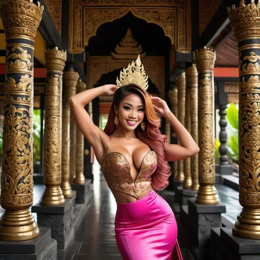 Prompt: Gorgeous ultra-muscular 25-year-old Balinese princess bodybuilder fashion shot in regal avant-garde Kebaya Bali, regal smile, flirtatious, huge busom and ridiculously long shiny pink wavy hair, wearing Balinese traditional bronze accessories and dress, 8 inch stiletto high heel shoes, lush Balinese landscape and Balinese palace background, intricate Balinese scripture on the walls, backed by traditional Balinese dancers, extra high details, superb unreal rendering, panoramic, atmospheric, ultra HDR, vivid, depth of field, bokeh, ultra realistic appearance, life like appearance, 64 megapixels, moody, romantic