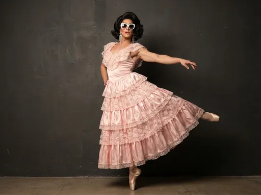 Prompt: A graceful, muscular 35-year-old Greek drag queen stands poised against a richly textured dark background, exuding an air of elegance and theatricality. Dressed in a lavish ensemble of soft pink satin, adorned with ruffles and intricate lace, the outfit captures a sense of both classic ballet and haute couture. The subject strikes a ballet pose, with one foot delicately en pointe, showcasing satin ballet shoes and perfectly smooth tights. Accessories such as oversized white sunglasses and bejeweled earrings add a modern flair to the vintage-inspired look, while the soft lighting highlights the contours of the fabric and the model's flawless makeup, enhancing the dreamy atmosphere. This striking composition plays with contrasts, balancing the ornate clothing against the stark wall, creating a narrative that melds fantasy with performance art.. 