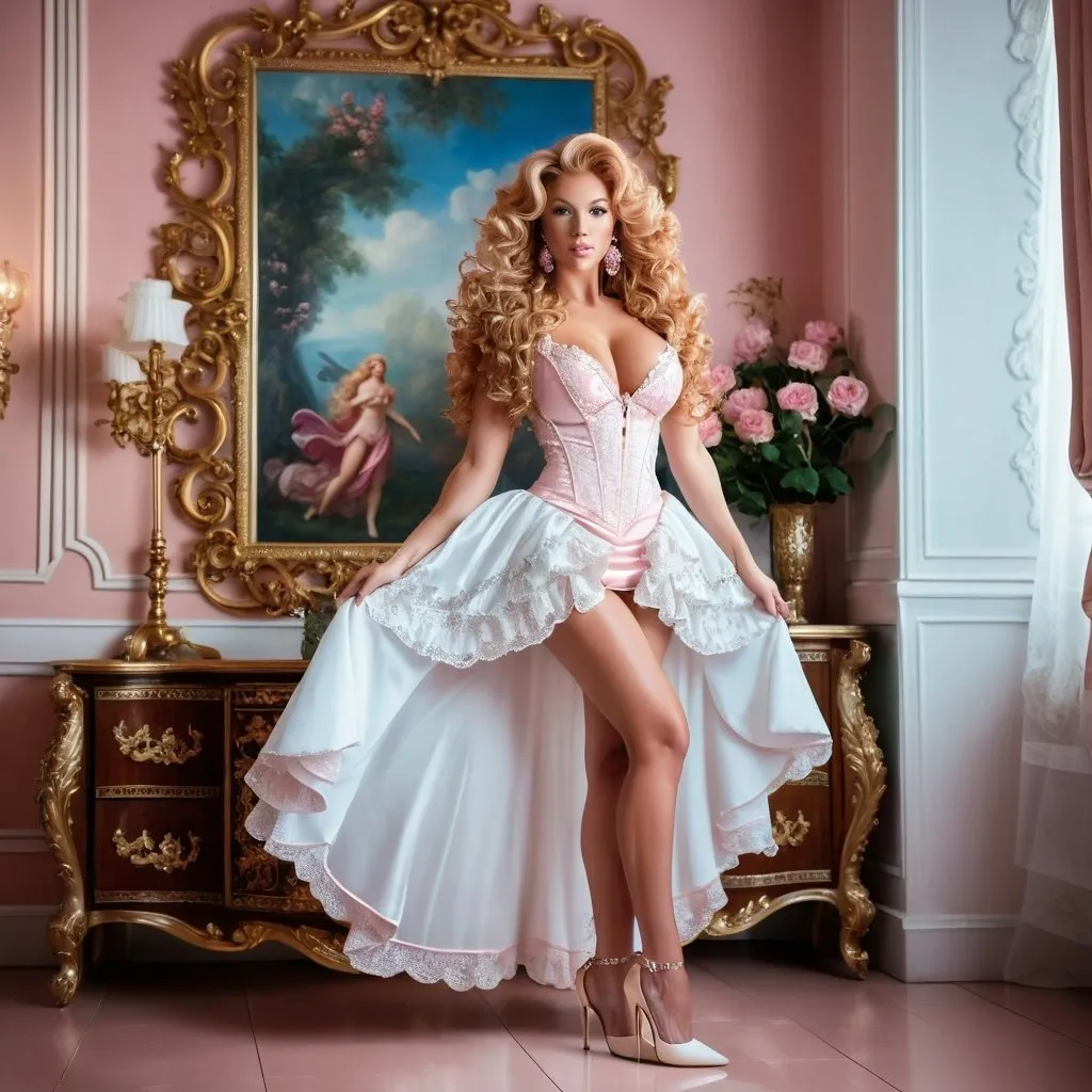 Prompt: Gorgeous ultra-muscular 25-year-old Finnish goddess bodybuilder with huge busom and ridiculously long pink curly wavy hair posing in white dress, 8 inch stiletto high heel shoes rococo style room, angelic pose, detailed facial features, oil painting, intricate details, high quality, rococo, angelic, detailed dress, professional lighting, soft color tones, Eszter Mattioni, detailed background, painting on wall, subtle tattoo