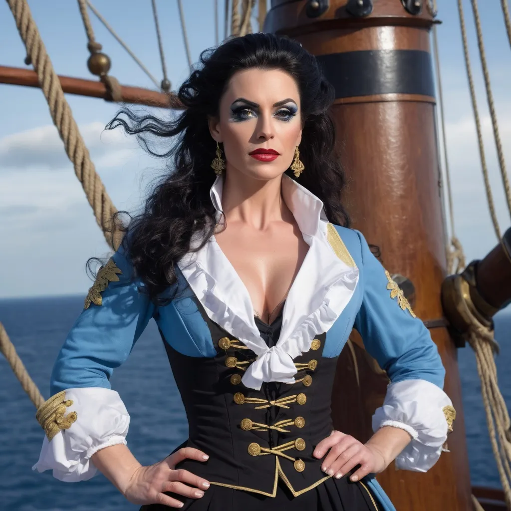 Prompt:  Gorgeous muscular 35-year-old French drag queen Pirate (strong masculine jawline and brow facial features) with long curly black hair and big busom, detailed clothing, realistic, natural lighting, shiny black hair in a ponytail, pale blue eyes, Revolutionary Era Naval Uniform, standing on the deck of a galleon, moonlight mid-battle, dramatic lighting, dynamic and intense atmosphere, moon casting silver tones, ocean waves crashing, cannons firing, ultra-detailed, cinematic masterpiece.