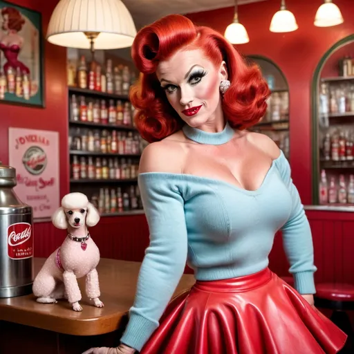 Prompt: Gorgeous muscular 1950's drag queen bodybuilder with red hair and big busom, poodle skirt, angora sweater, stiletto high heel saddle shoes, detailed clothing, realistic, natural lighting, 1950's soda shop