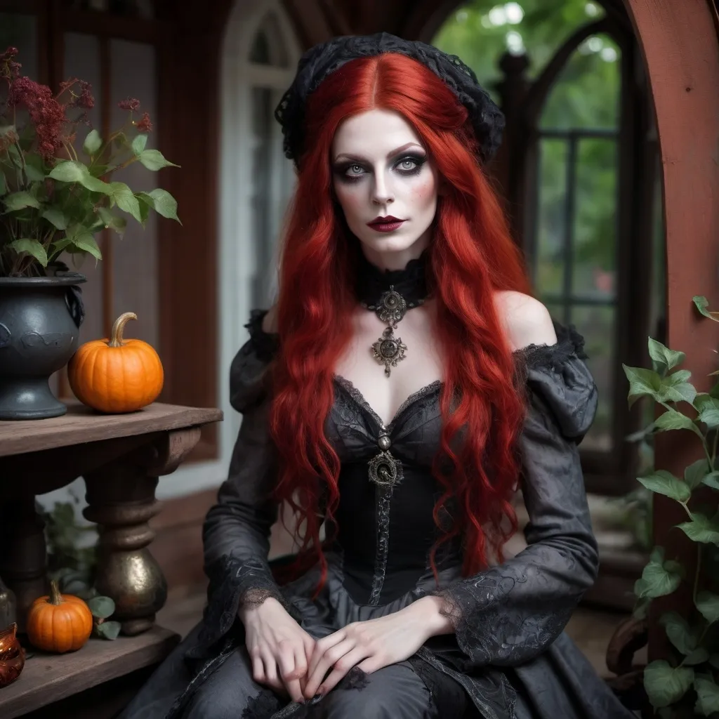 Prompt: young stunningly gorgeous rag queen witch, deep gray eyes, deep look, very long red hair, light contrast, baroque intricate portrait, young drag queen witch sitting in her garden house