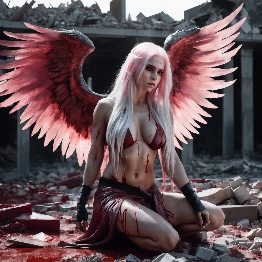 Prompt: Gorgeous ultra-muscular 25-year-old Finnish angel with huge busom and ridiculously long flowing platinum pink hair, wrapped dirty robes covered in blood, large broken, bloody wings, on her knees in the middle of rubble.