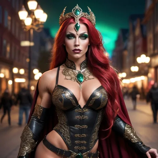 Prompt: a mid range full body image of a Gorgeous ultra-muscular 25-year-old Norwegian drag queen bodybuilder in the bustling city center wearing black leather armor with intricate ornate metal details studded with emerald gems and a bronze circlet with a large gem on her head, long maroon billowing cape curvy, powerful, braided flowing bright red hair, Aramenta Dianthe Vail, fantasy art, epic fantasy, computer graphics, high heels, corset, long loincloth with intricate details, stockings, feminine face, magically glowing eyes, magical, tanned skin, night time