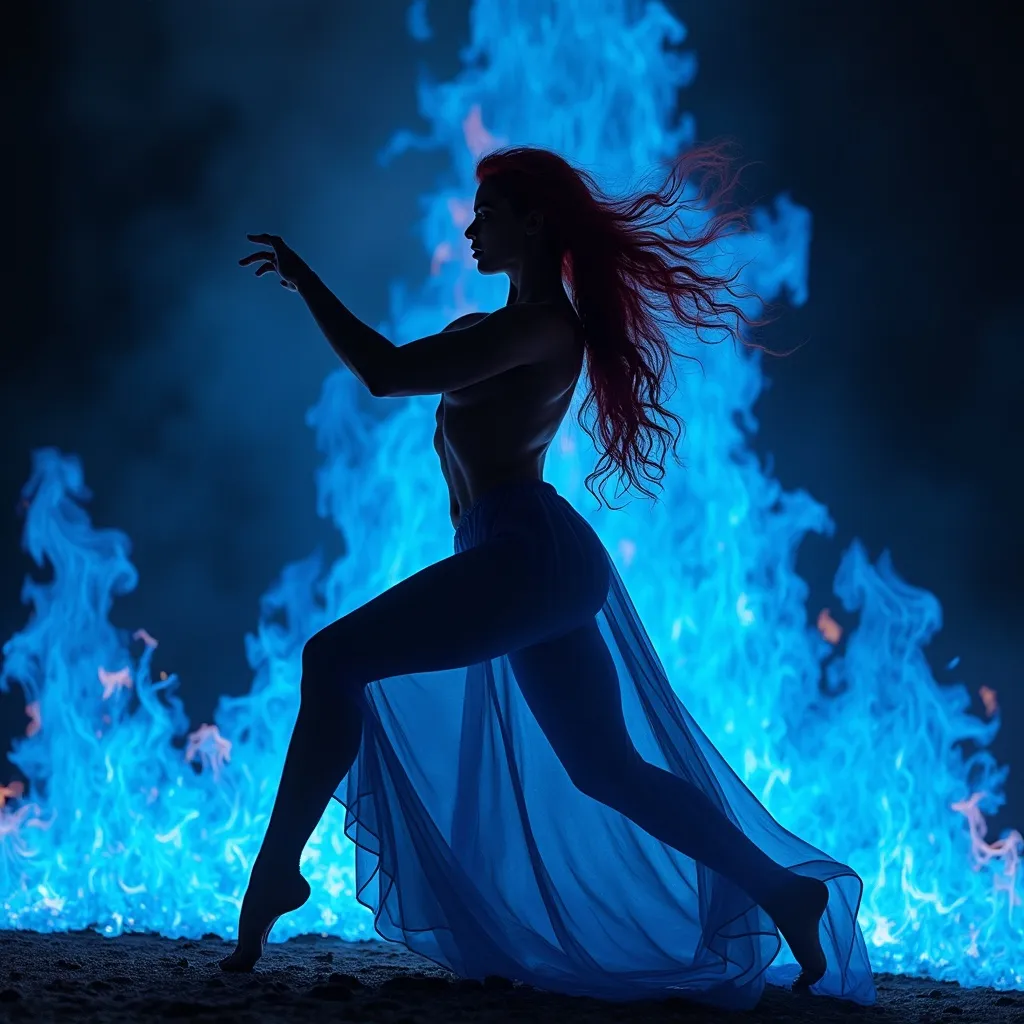 Prompt: Gorgeous muscular 25-year-old Swedish drag queen bodybuilder dancing on blue flame, silhouette, lava, long flowing blue flame gown, huge busom, long wavy fiery hair, long muscular legs, very muscular dancing drag queen, mystical background, 