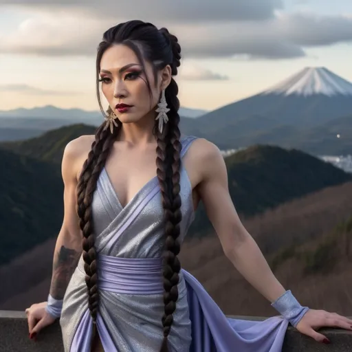 Prompt: The gorgeous muscular 35-year-old Japanese drag queen (with masculine facial features) her long hair done in pull-through braids, wearing a loose fitting dress, she is standing upon the ledge of a mountain where darkness hangs in the skies with only a glimmer of light shining upon her