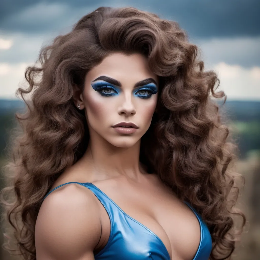 Prompt: Create a digital photograph of a beautiful stylish 18-year-old French drag queen bodybuilder (((with very strong masculine jawline and brow))), with big busom, giant brown curly hair, dark brown eyes, medieval sky-blue dress