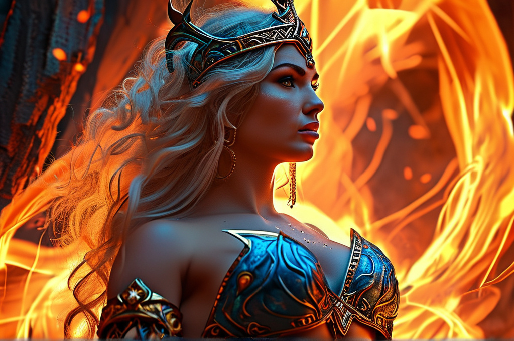 Prompt: HD 4k 3D 8k professional full-length modeling photo hyper realistic gorgeous ultra-muscular 28-year-old Fire and Ice Gypsy Princess of Carpia, ethereal greek goddess, full body surrounded by ambient glow, enchanted, magical, highly detailed, intricate, highly realistic woman, high fantasy background, Romanian dragon woman, elegant, mythical, surreal lighting, majestic, goddesslike aura, Annie Leibovitz style