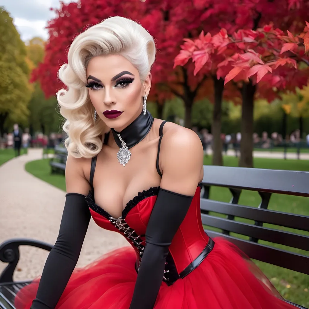 Prompt: Gorgeous muscular 18-year-old French drag queen with platinum blonde long tight updo hairstyle,  dark eyeshadow and dark lipstick,  and very strong masculine facial features, wearing a red corset dress sitting on a park bench, wearing high heels boots