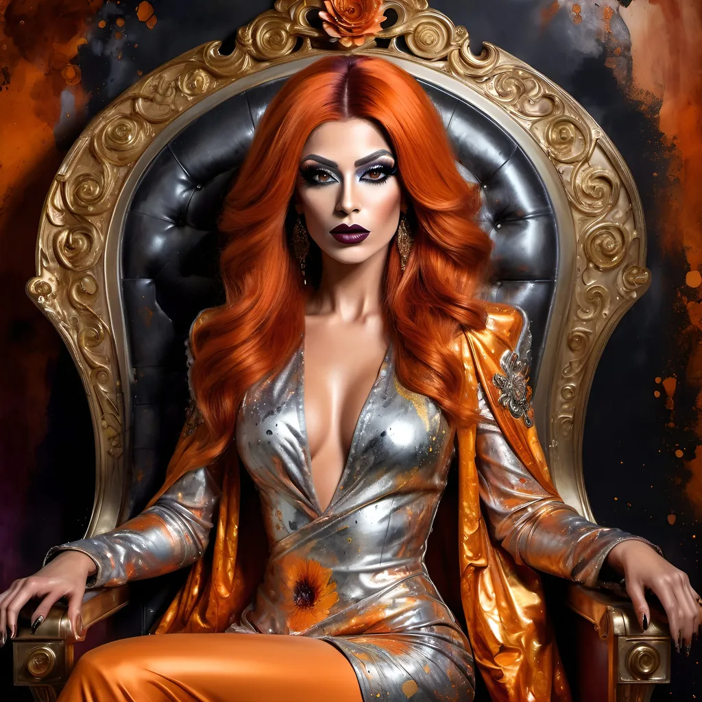 Prompt: a gorgeous muscular 25-year-old Turkish drag queen, dark orange hair, detailed ornate silver and bronze cloth robe, dark eye makeup and dark lipstick, dramatic lighting, digital watercolor painting, paint splatter, bold brush strokes, art nouveau, majestic queen sitting on her throne (made of gold) in an elegant (colorfull flower dress), ornate very big throne with  diamonds and flowers adorned with delicate mycstical (colorfull) and glimmering (diamonds), mythical  looming behind, captivating atmosphere, dramatic lighting, ethereal ambiance, richly detailed backgrounds, (HD, ultra-detailed) fairy-tale setting, tension filled with reverence and power.