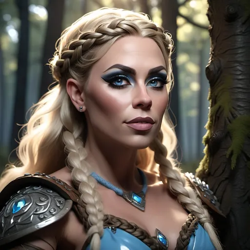 Prompt: CGI Animation, digital art, 35-year-old-old viking drag queen (strong masculine jawline and brow features)with light blue eyes, she is overjoyed, dark blonde hair with blonde strands, standing in a dimly lit forest, she is leaning against a tree, double braid down her shoulder with a tiara, unreal engine 16k octane, 3d lighting, full armor