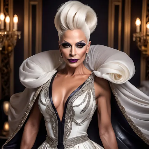 Prompt:  Gorgeous muscular 45-year-old Portuguese drag queen with white updo hair, dark eyeshadow,  dark lipstick, wearing a (elegant dress), (stylish fabric), flowing design, intricate details, luxurious texture, vibrant colors, warm ambiance, (graceful draping), exquisite embellishments, soft lighting, enchanting atmosphere, rich patterns, HD, ultra-detailed, stunning visual composition, ideal for fashion showcase, inviting elegance