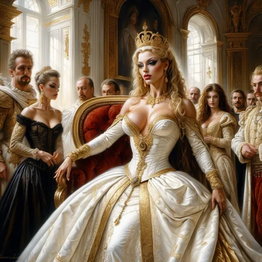 Prompt: Hyper-realistic painting by Serge Marshennikov, Luis Royo, Karol Bak:: elegant and distinguished gorgeous ultra-muscular 25-year-old Czechian drag queen bodybuilder, wearing a Elizabethan queenly white dress with gold trim, and a gold queen, she is walking through the Elizabethan throne room as everyone looks on in envy:: 8k resolution, incredible details, a masterpiece, photorealistic