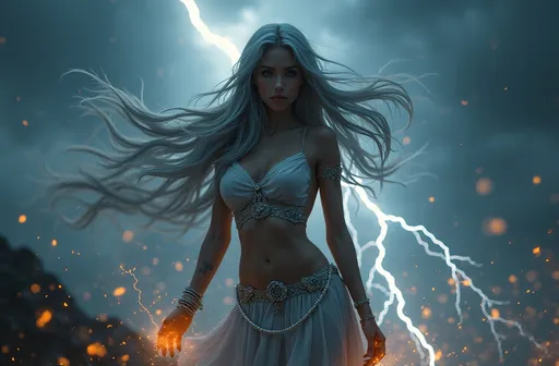 Prompt: HD 4k 3D 8k professional full-body modeling photo hyper realistic beautiful athletically fit goddess enchanted, ethereal greek goddess, ridiculously long platinum black hair (((blowing in the wind))), full body surrounded by ambient glow, lightning, magical, highly detailed, intricate, beautiful superhero style, Storm, outdoor landscape, highly realistic woman, high fantasy background, elegant, mythical, surreal lighting, majestic, goddesslike aura, Annie Leibovitz style 

