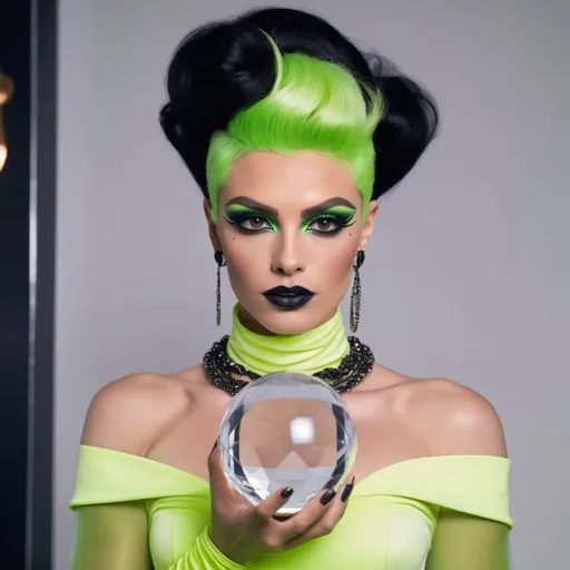 Prompt: a gorgeous muscular 25-year-old French drag queen (with masculine facial features) with dark eyeshadow,  dark lipstick, and orange updo hair, wearing a neon green Coco Chanel dress holding crystal ball filled with lightning, Ayshia Taşkın, private press, hourglass slim figure, a pastel