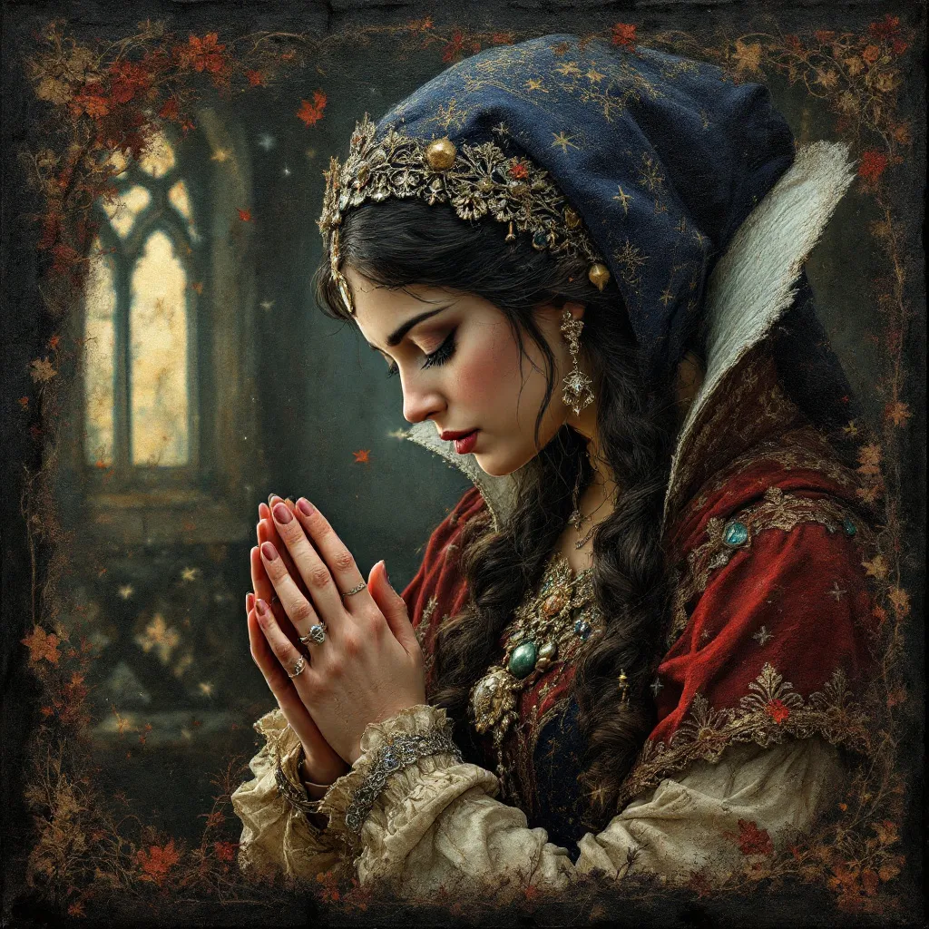 Prompt: Grunge medieval Snow White, impasto, old picture effect, whimsical, highres, detailed, medieval, impasto, old picture effect, grunge, Snow White, fairy tale, dark tones, atmospheric lighting