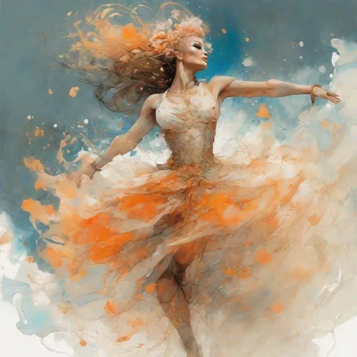 Prompt: Happy gorgeous ultra-muscular Floridian drag queen dancing, ballet jump, swinging white dress, background composed of colored smoke: beautiful orange colour palette. Subtle ethereal fantasy, complementary colors: blue and black. Golden speckles and rose petals all over. by Carne Griffiths, Victo Ngai, Jean Baptiste Monge, ultra-detailed, intricate, a masterpiece, vibrant, cinematic, perfect composition, spectacular lighting, digital painting, trending on Artstation, concept art, soft focus