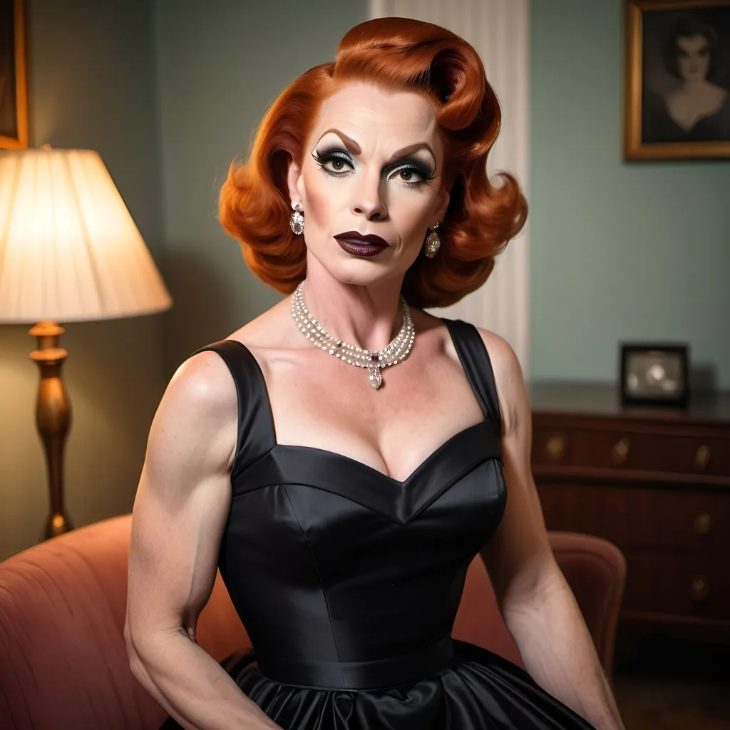 Prompt: A gorgeous muscular red-headed 40-year-old Czechian drag queen (((strong masculine jawline and brow))) housewife (((dark eyeshadow and dark lipstick))) in the 1950s wearing a solid sweetheart swing dress. Posing in the living room.