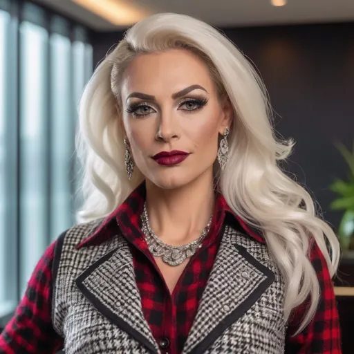 Prompt: Gorgeous muscular 35-year-old German drag queen (strong masculine jawline and brow) with long luscious platinum blonde hair, dark smoky eyeshadow, heavy mascara and dark red lipstick, smile, silver jewels, chic white blouse, tweed sweater vest, plaid pencil skirt, standing profile in a luxe lobby, well lit, high detail & quality, 8k, pro photo.