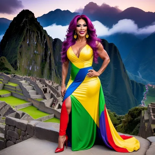 Prompt: Hi-res, 8k hd, Full body photography, Gorgeous ultra-muscular Peruvian drag queen Goddess, 45 years old, ultra-long frizzy violet hair (((blowing in wind))), hazel eyes, long muscular legs, muscular physique, immaculate makeup, smiling, lush curvy figure, green red yellow black orange blue & yellow print polleras dress, 8 inch high heel shoes, standing in front of ((Machu Picchu))at night, fog, 8k photo, ads-fashion editorial, elegant, stylish, Japanese culture, detailed features, highres, natural lighting, vibrant colors. Full length photography, full body photography. Ultra-detailed,  ultra-realistic. 