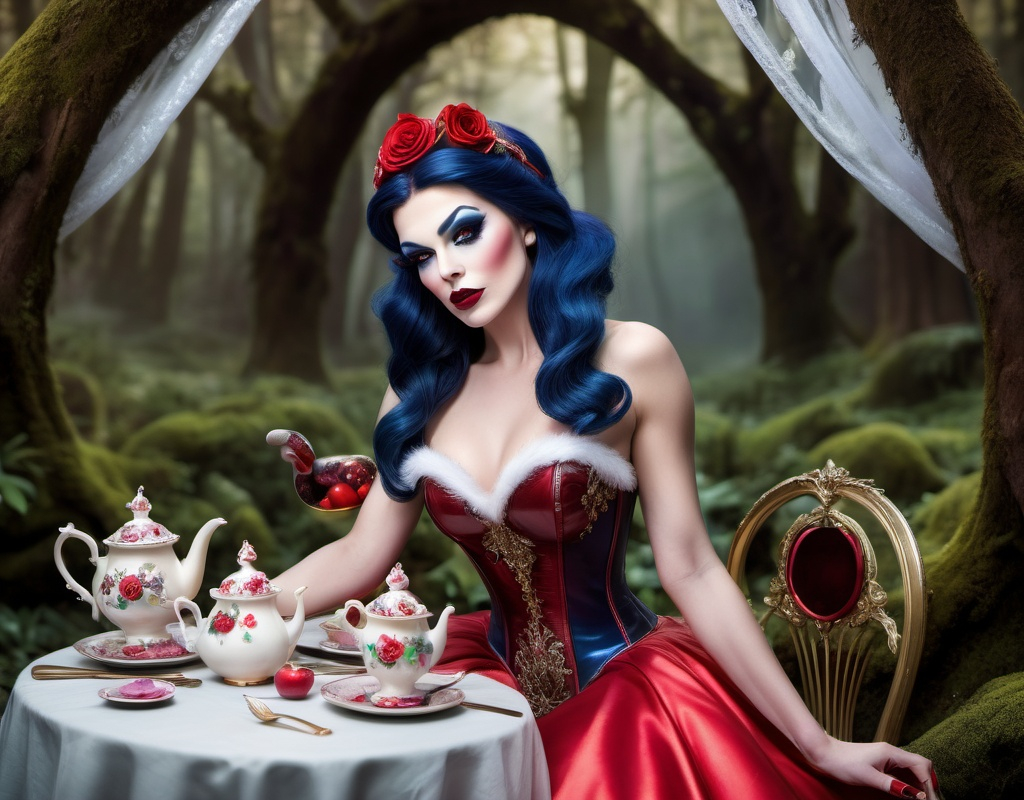 Prompt: If Snow White was a gorgeous hyper-muscular 25-year-old drag queen bodybuilder with Dark eye makeup and dark lipstick. Wearing 8 inch stiletto high heel shoes. Having a tea party.