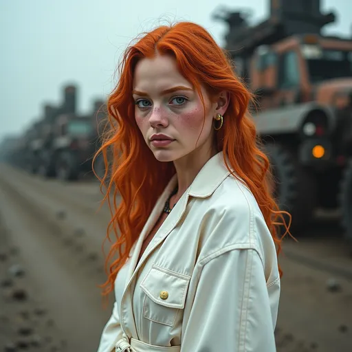 Prompt: Wasteland scenario similar to Fury Road.
A (beautiful, perfectly muscular and cute 25-year-old Czechian drag queen bodybuilder) with a muscular yet soft physique and fair skin with freckles (highly detailed face, soft features, large expressive eyes)
Her dirty burnt orange hair ( long curls, unkempt)
Simple, flowing white robe (thin, slightly transparent fabric, minimalist and functional)
Innocent, lost expression, her clean, almost ethereal appearance contrasts with the harsh, apocalyptic landscape.
Gloomy and industrial-looking surroundings, her decision is in visual contrast to the dark, muted tones of the world.