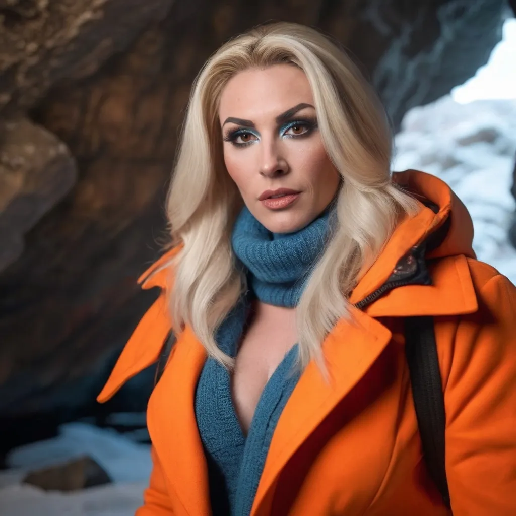 Prompt: professional portrait photograph of a gorgeous muscular 35-year-old British drag queen (strong masculine jawline and brow features) in orange winter clothing, long natural blonde hair, most attractive face, (freckles), nice smile, cute stylish makeup, wearing elegant warm winter fashion clothing, ((standing out side a frozen cave), hyper- realistic, detailed features, realistic lighting, high quality, realistic view,, elegant, realistic setting, professional, detailed, glamorous, actress, iconic, stunning modern urban environment, ultra realistic, concept art, elegant, highly detailed, intricate, sharp focus, depth of field, f/1. 8, 85mm, medium shot, mid shot, (((professionally color graded))), bright soft diffused light, (volumetric fog), trending on instagram, hdr 4k, 8k