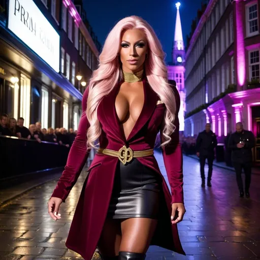 Prompt: Gorgeous ultra-muscular 25-year-old Swedish goddess bodybuilder with huge busom and ridiculously long styled platinum pink hair, wearing a maroon tailcoat with gold trim, black miniskirt, 8 inch stiletto high heel Prada boots, standing outside London, England nightclub at night, 8k photo, high detail, elegant, glamorous, nightlife, sophisticated, detailed makeup, wavy hair, luxurious attire, atmospheric lighting