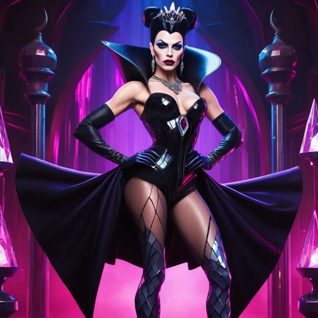 Prompt: Gorgeous muscular cyberpunk drag queen (Disney's) Evil Queen, great legs, crystal high heels,  dark lipstick.