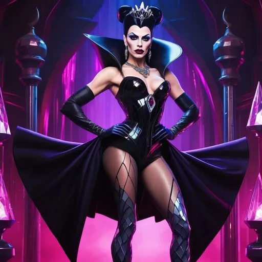 Prompt: Gorgeous muscular cyberpunk drag queen (Disney's) Evil Queen, great legs, crystal high heels,  dark lipstick.