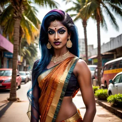 Prompt: Gorgeous (ultra-muscular) south Indian drag queen, 25 years old, striking dark eye makeup, dark lipstick, wearing a stunning (two-toned sari), athletic physique, inspired by south Indian actress Laxmi Rai's elegance, expertly posed on the vibrant streets of Chennai. Background bustling with local culture, palm trees, warm sunlight filtering through, bringing life to this captivating ambient scene. (Ultra-detailed) image quality captures every intricate detail.